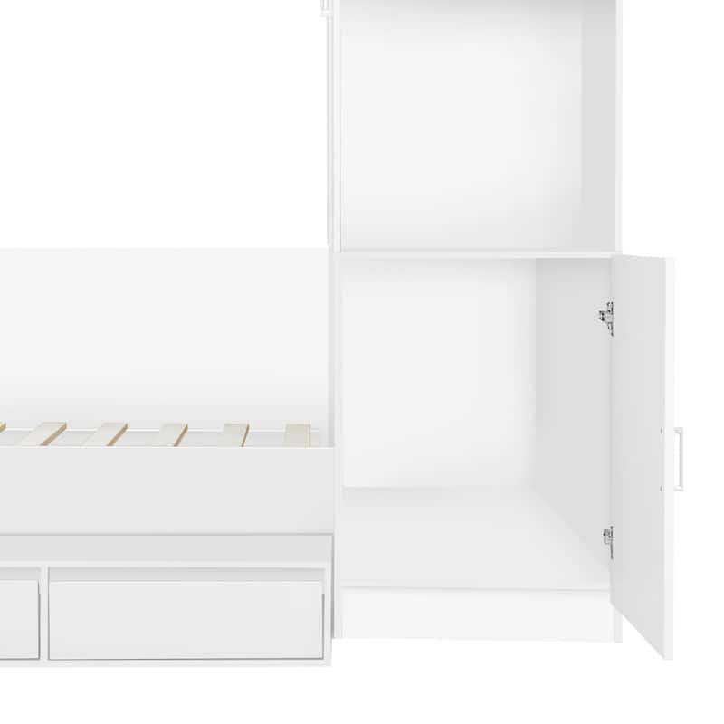 Full Size Corner Bed Frame with 6 Drawers, Wood Platform Storage Bed with Shelves and Wardrobe & Desk, Modern Floor Bed Frame