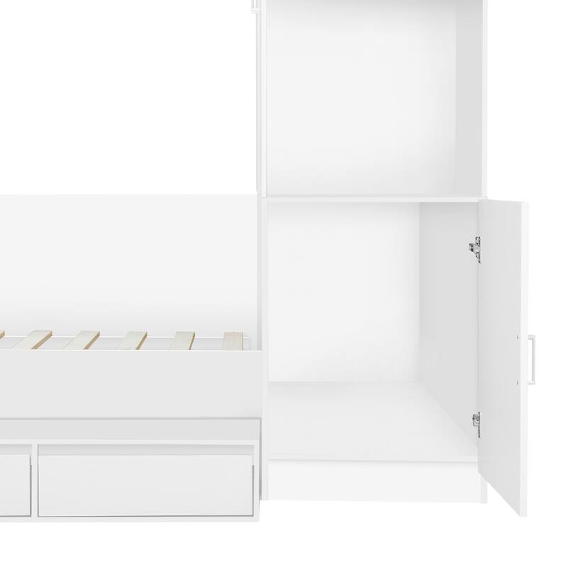 Roomfitters Full Platform Bed System with Integrated Desk, Wardrobe and Storage Bins, All-in-One Bedroom Suite