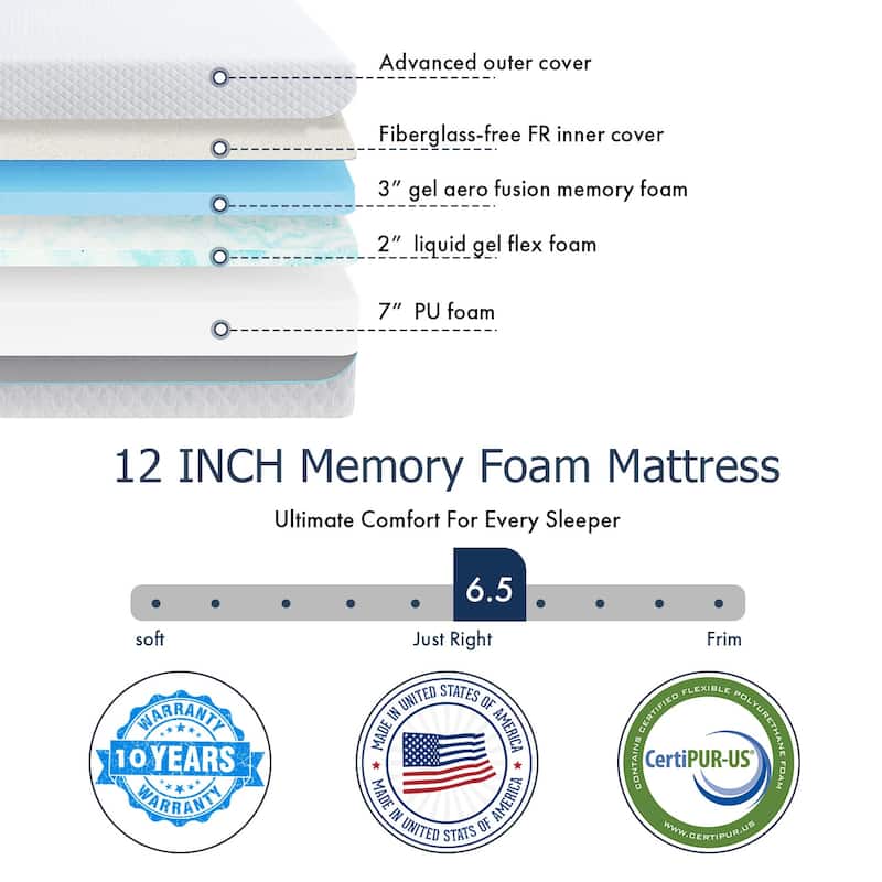 12 inch Gel Memory Foam Mattress, Cooling Medium Feel Bed Mattress in a Box, CertiPUR-US