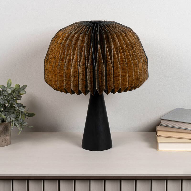 Sylvie 16" Modern Minimalist Paper Pleated Shade Mushroom Accent LED Table Lamp - Black