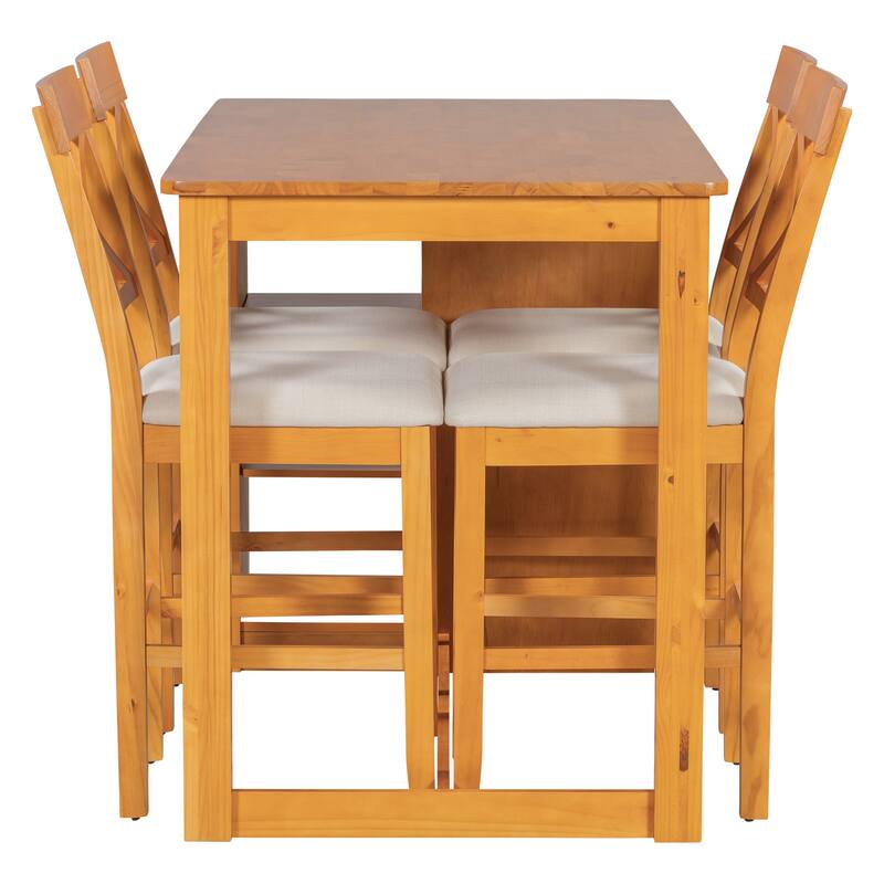 60"Lx30"W Solid Wood Farmhouse Counter Height Dining Table Set, Upholstered Dining Chairs for 4, 5-Piece