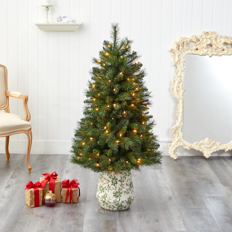 4.5' Artificial Christmas Tree with 100 Lights in Floral Print Planter