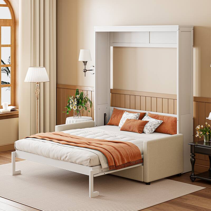 White Full Size Multifunctional Design Murphy Bed with Cushion and Storage Space for Bedroom - White