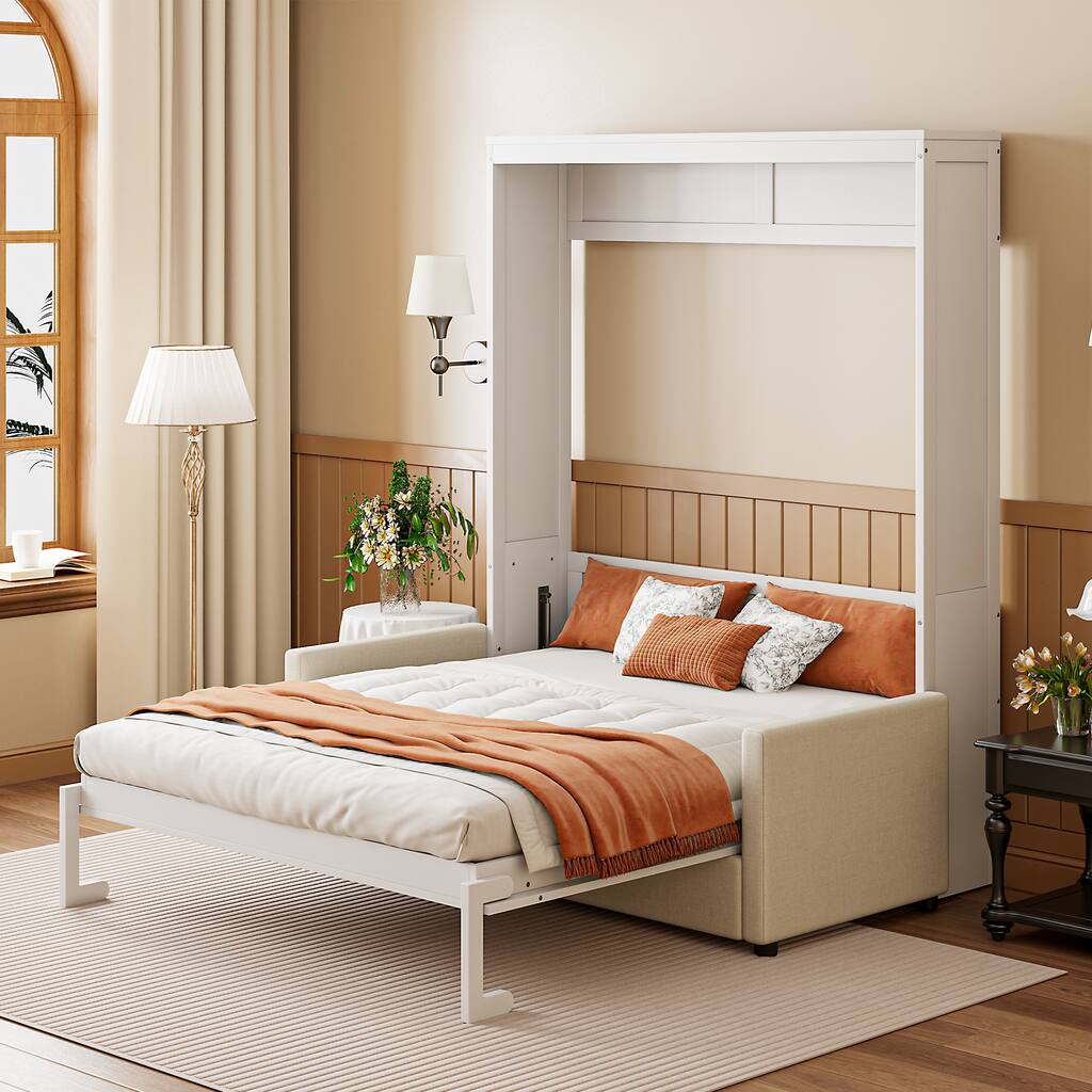 White Full Size Multifunctional Murphy Bed with Cushion & Storage