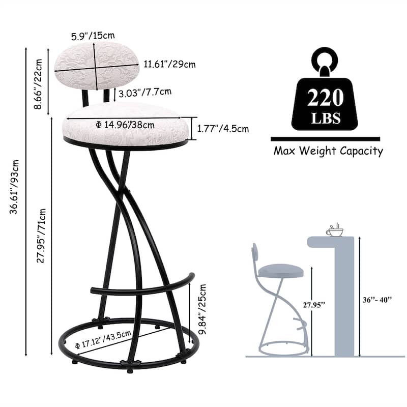 Bar Stools Set of 2,S-shaped Gold Barstools with Backrest Floral Print - Black+White