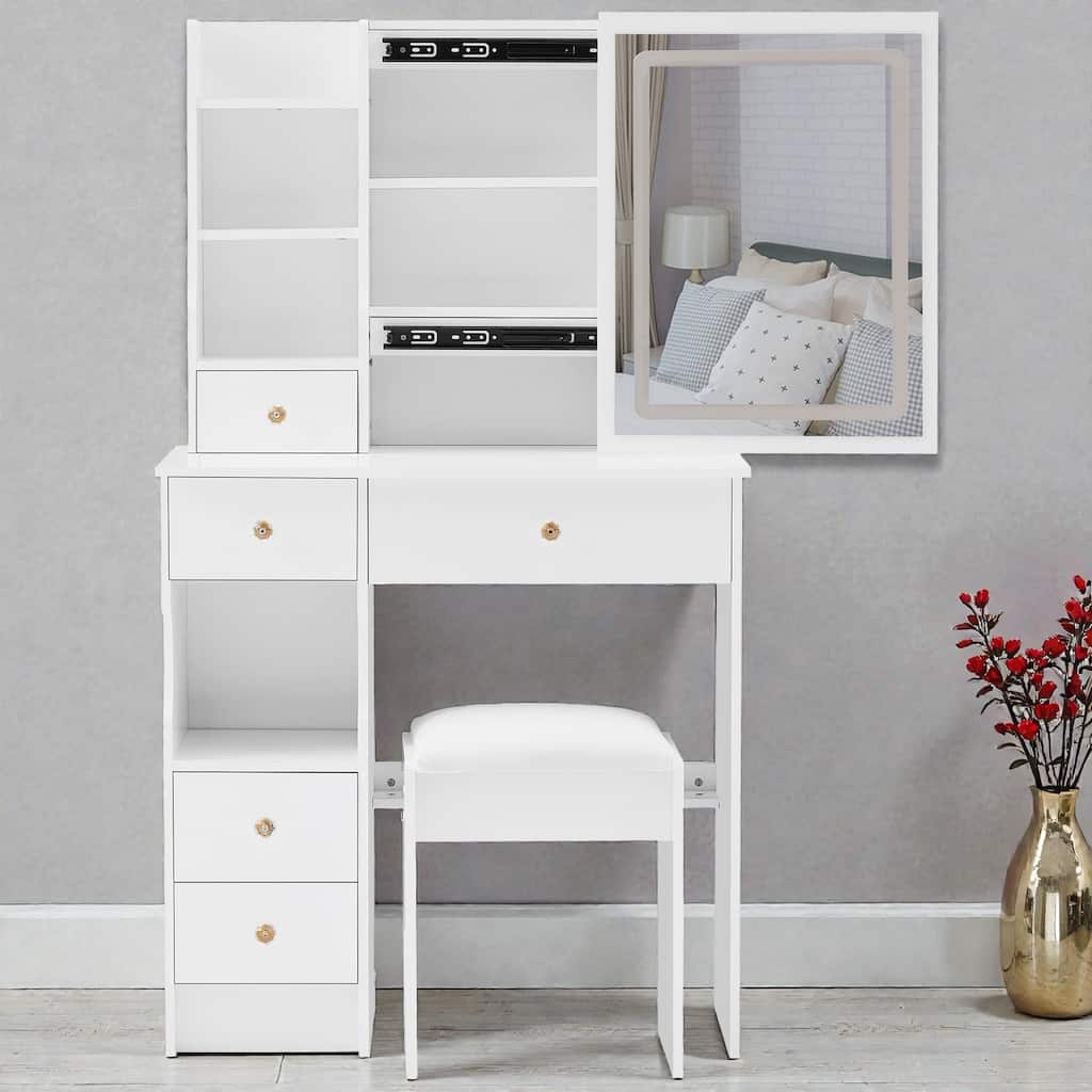 29.2'' Small Vanity Table with LED Tri-Color Mirror, Drawer & Cushioned Stool, Space-Saving Makeup Desk for Small Rooms