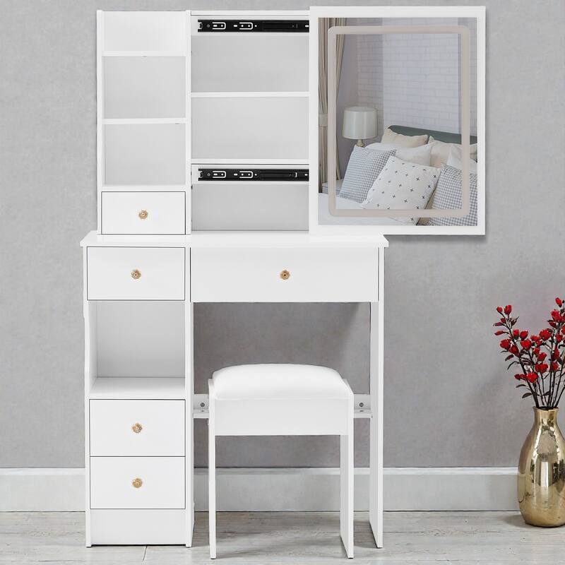 29.2'' Small Vanity Table with LED Tri-Color Mirror, Drawer & Cushioned Stool, Space-Saving Makeup Desk for Small Rooms - White