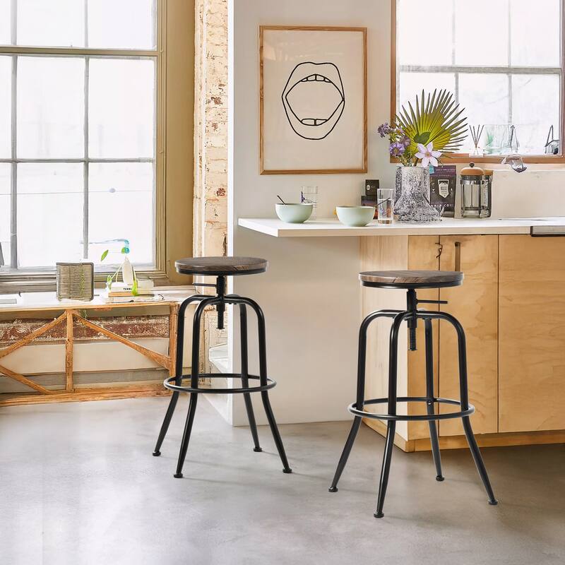 Homy Casa Set of 2 Adjustable Height Industrial Bar Stools with Swivel Wood Seat-Ideal for Kitchen Islands and Home Bars - N/A