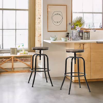 Homy Casa Set of 2 Adjustable Height Industrial Bar Stools with Swivel Wood Seat-Ideal for Kitchen Islands and Home Bars - N/A