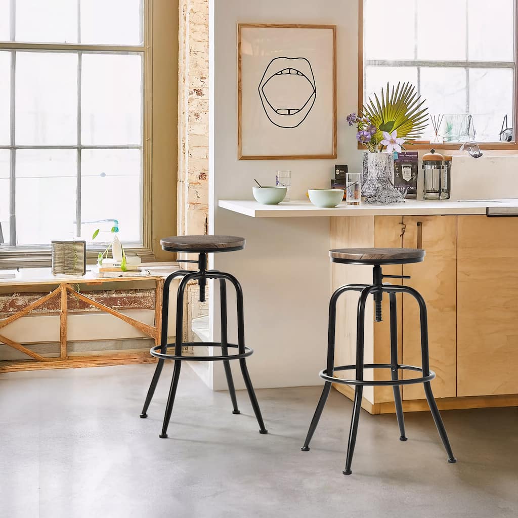 Homy Casa Set of 2 Adjustable Height Industrial Bar Stools with Swivel Wood Seat-Ideal for Kitchen Islands and Home Bars - N/A