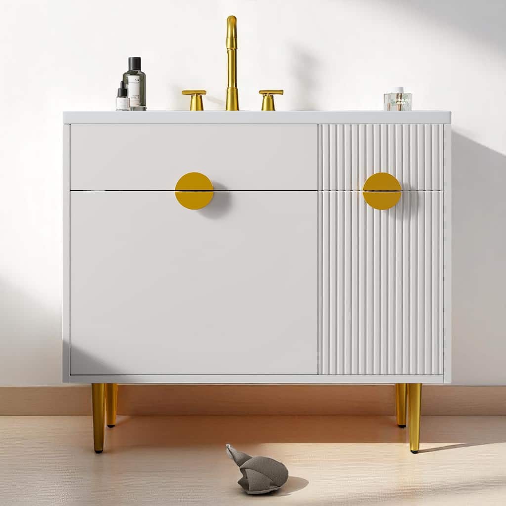 Modern 36 Inch Bathroom Sink Vanity with Resin Basin, Soft-Close Storage Doors, Pine MDF Cabinet