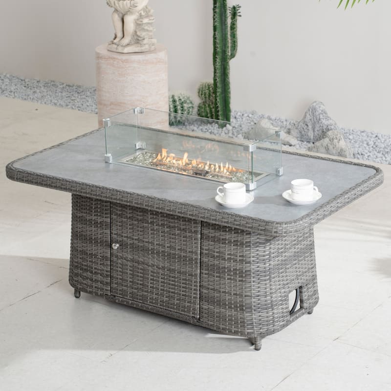 50,000 BTU Adjustable Height Aluminum Propane Fire Pit Table with Faux Stone Glass Top and Wind Guard - Grey