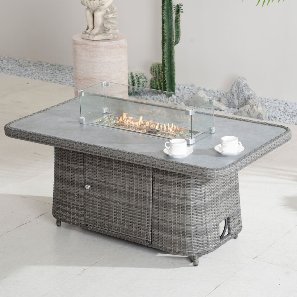 50,000 BTU Adjustable Height Aluminum Propane Fire Pit Table with Faux Stone Glass Top and Wind Guard