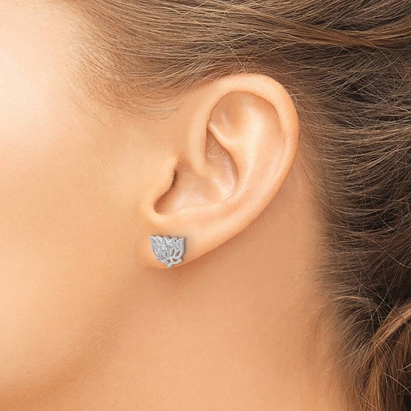 Curata 14k White Gold Diamond Lotus Flower Earrings - 8x12mm Wide