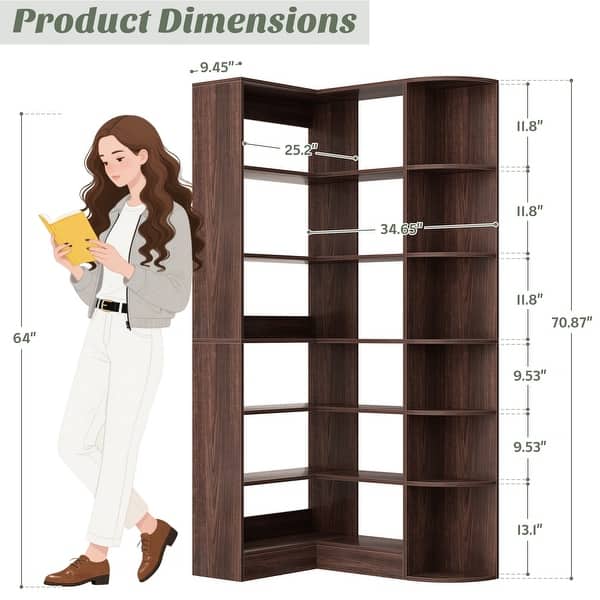 dimension image slide 1 of 3, 6-Tier Corner Bookshelf, 71" H Freestanding L-Shaped Book Shelf with Baffle, Corner Open Display Shelf Bookcase