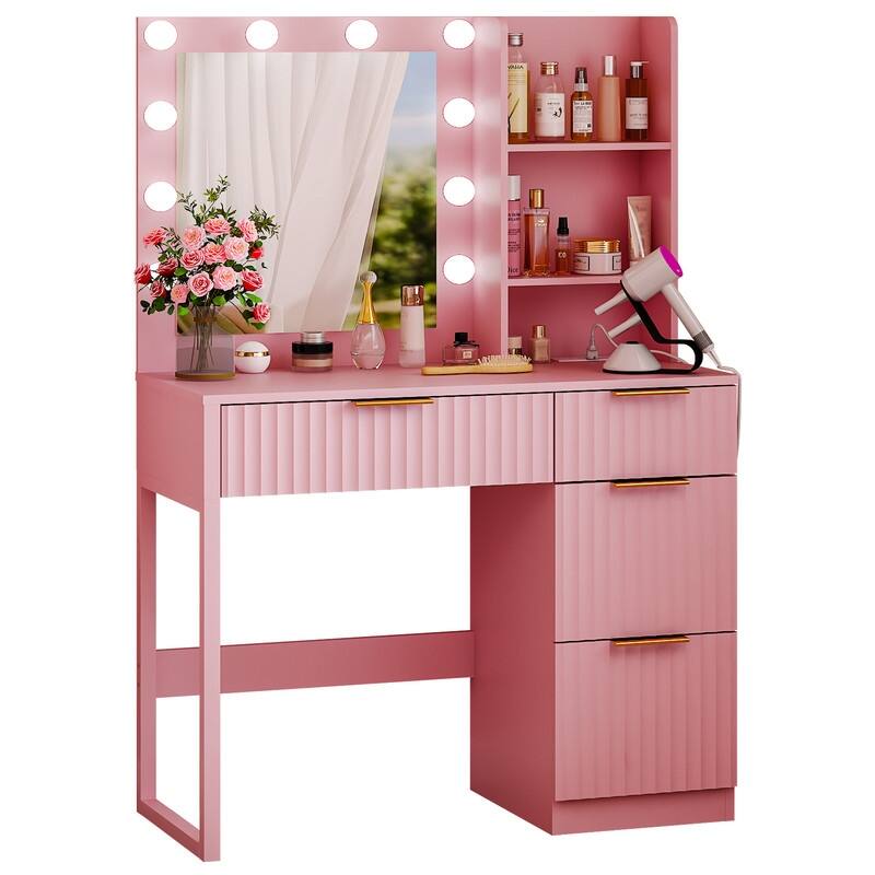 Particle Board Veneered with Textured Melamine 4-drawer 2-shelf with 10 Three-color Dimmable Bulbs Dressing Table - N/A - Pink