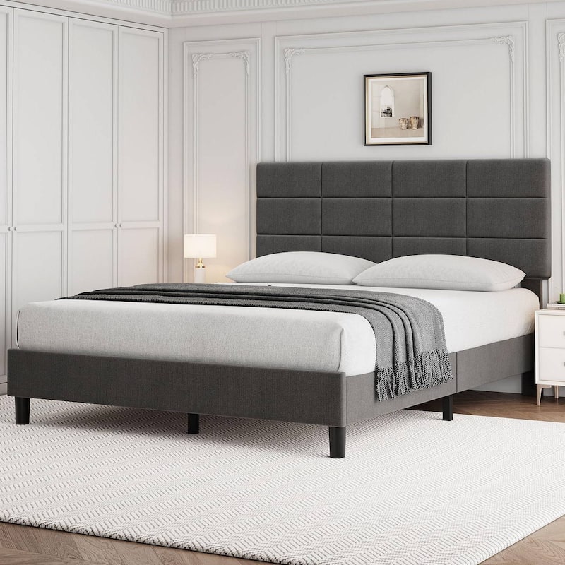 Linen Upholstered Bed Frame with Wooden Slats Support