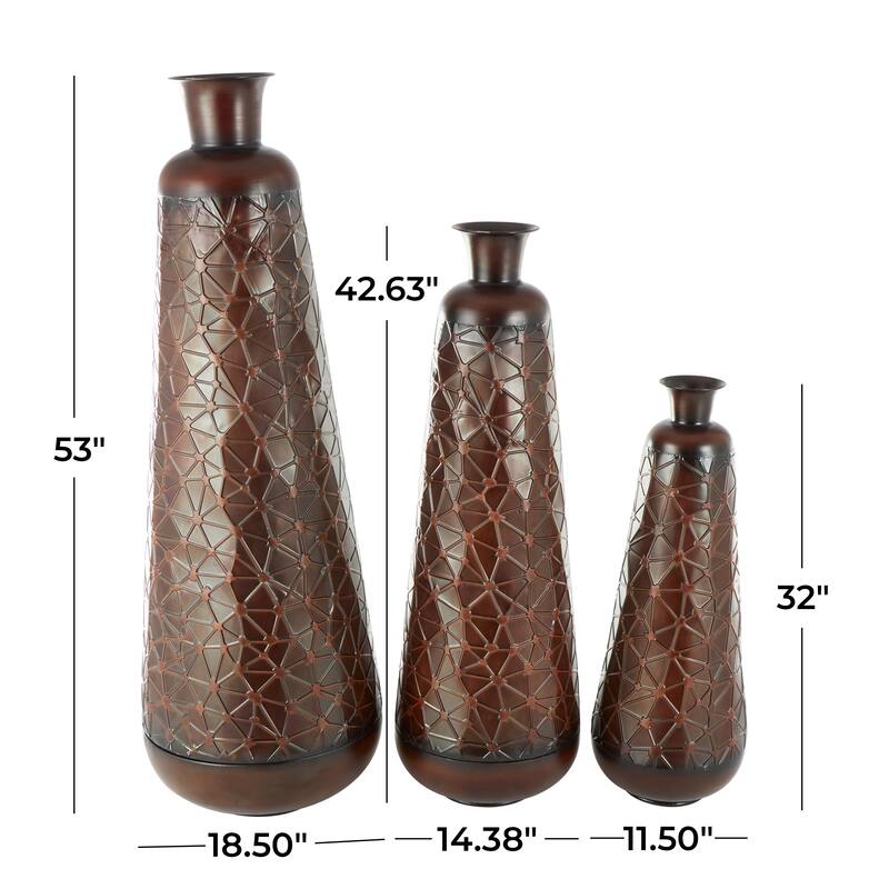 Dark Brown Metal Tall Vase with Geometric Designs (Set of 3)
