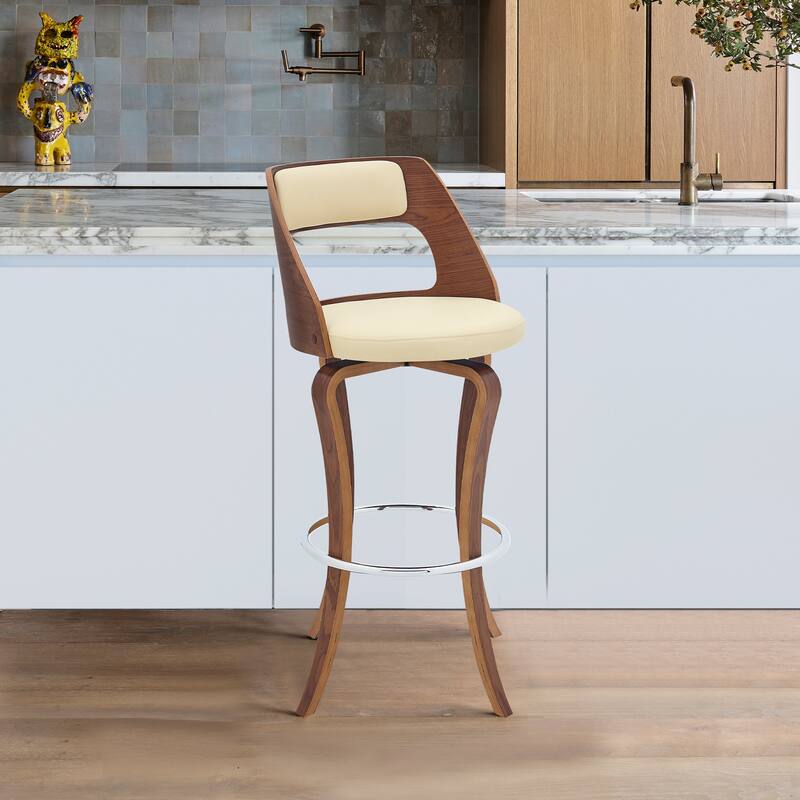 Grady Walnut Wood Upholstered Swivel Bar or Counter Stool