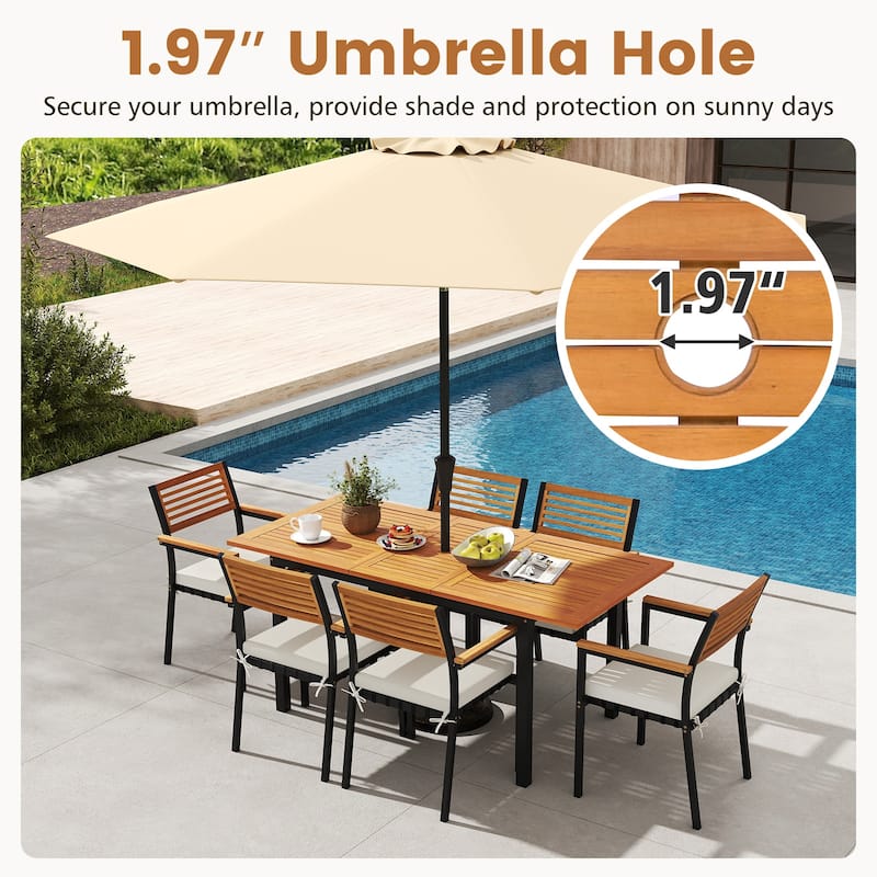 Expandable Acacia Wood Outdoor Dining Table with Metal Frame and Umbrella Hole for 4-8 Person - 51"-64" x 31.5" x 29"