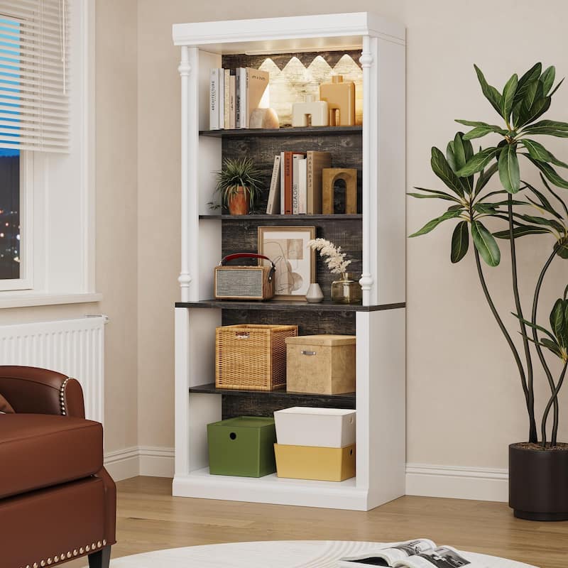 5-Tier Tall Adjustable Bookcase, Roman Column Bookshelf with Led Light Freestanding