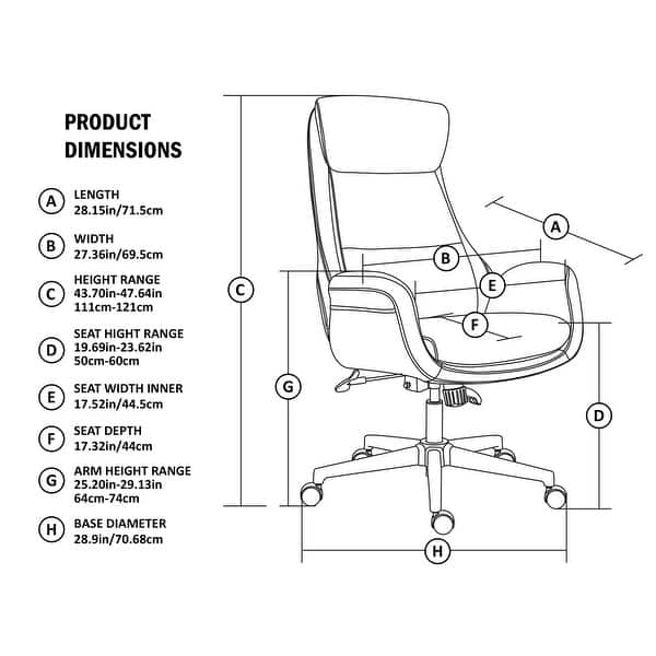 dimension image slide 1 of 2, Glitzhome 48-inch Mid-century Adjustable Swivel Faux Leather Office Chair