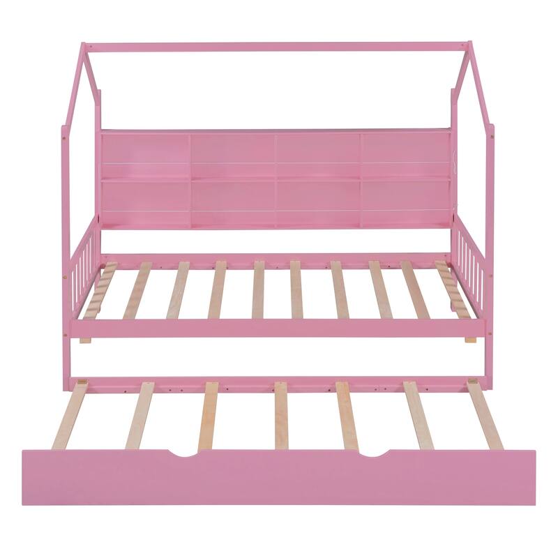 Wood House Bed with Trundle, Kids Bed with Shelf