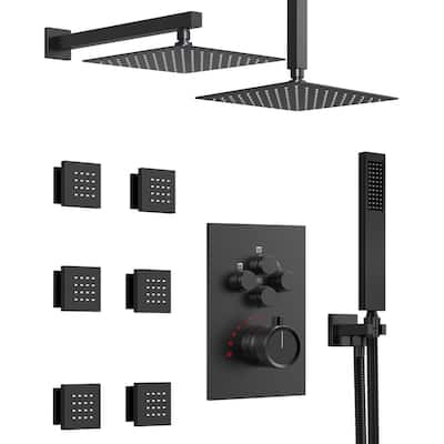 GRANDJOY Thermostatic Shower System Rainfall Dual Shower Heads 12 inch Ceiling and Wall Mount Body Jets Handheld Spray Combo