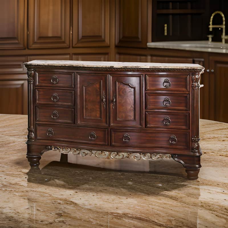 8 Drawer Wooden Dresser with 2 Door Cabinet and Marble Top, Brown
