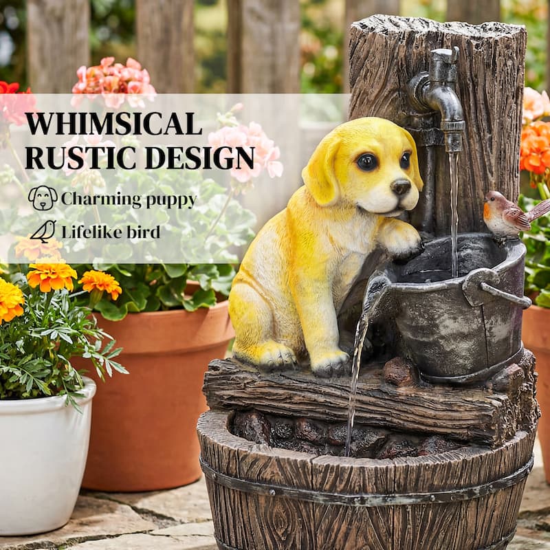 Outsunny 22" Outdoor Fountain with 3-Tier Puppy Theme, Cascading Waterfall Feature with LED Lights and Adjustable Flow