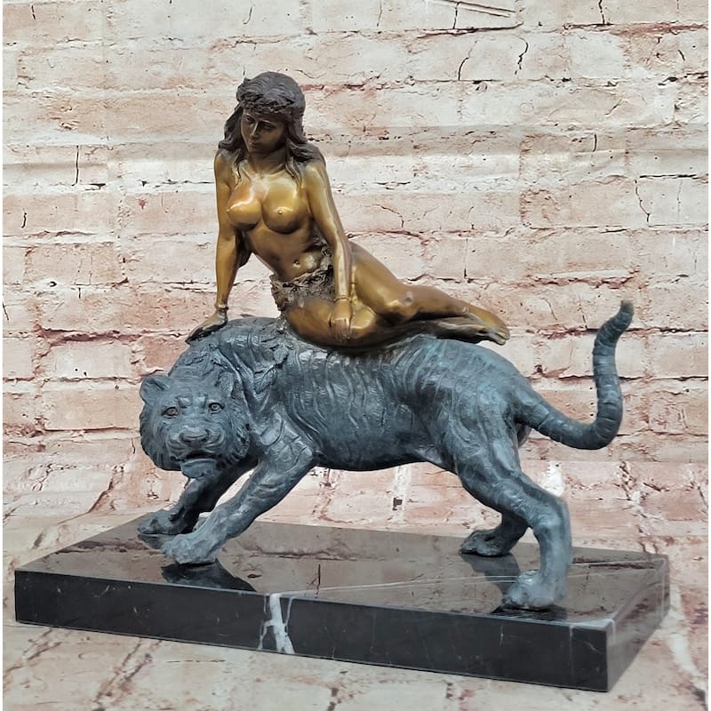 Bronze Jungle Girl Reclining On Tiger Sculpture – Art Deco Style