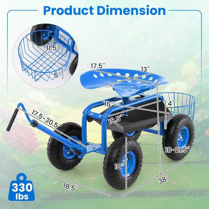 Gymax Rolling Garden Cart Scooter w/ Adjustable Seat Storage Basket