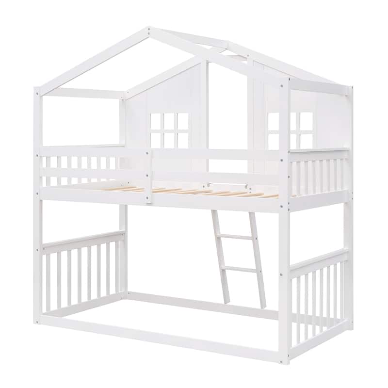 Twin Over Twin Wooden House Bunk Bed, Playhouse-Inspired Design with Ladder and Window, Solid Pine