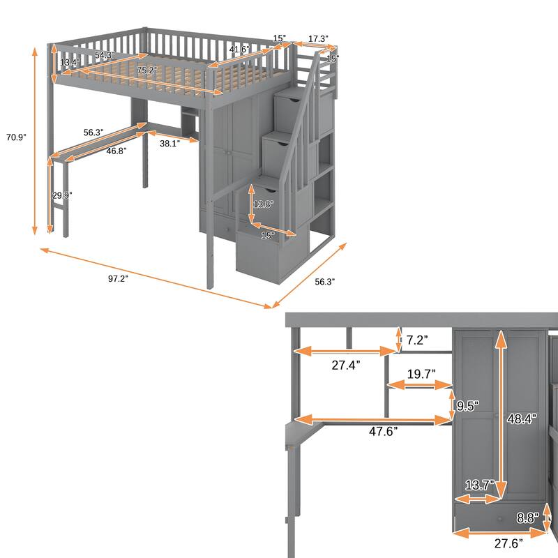 Loft Bed with Bookshelf,Drawers,Desk,and Wardrobe
