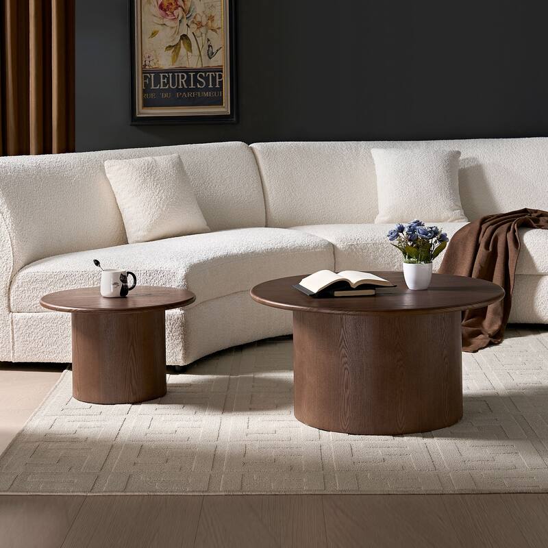 Round Nesting Coffee Tables Set of 2, Modern Center Table with Wood Grain Finish, End Table Side Tables for Living Room