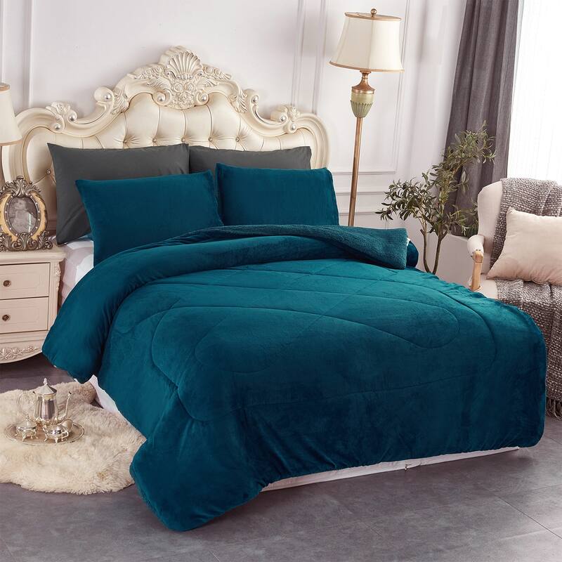 Fleece/ Sherpa Down Alternative 3-piece Comforter Set - Teal - King