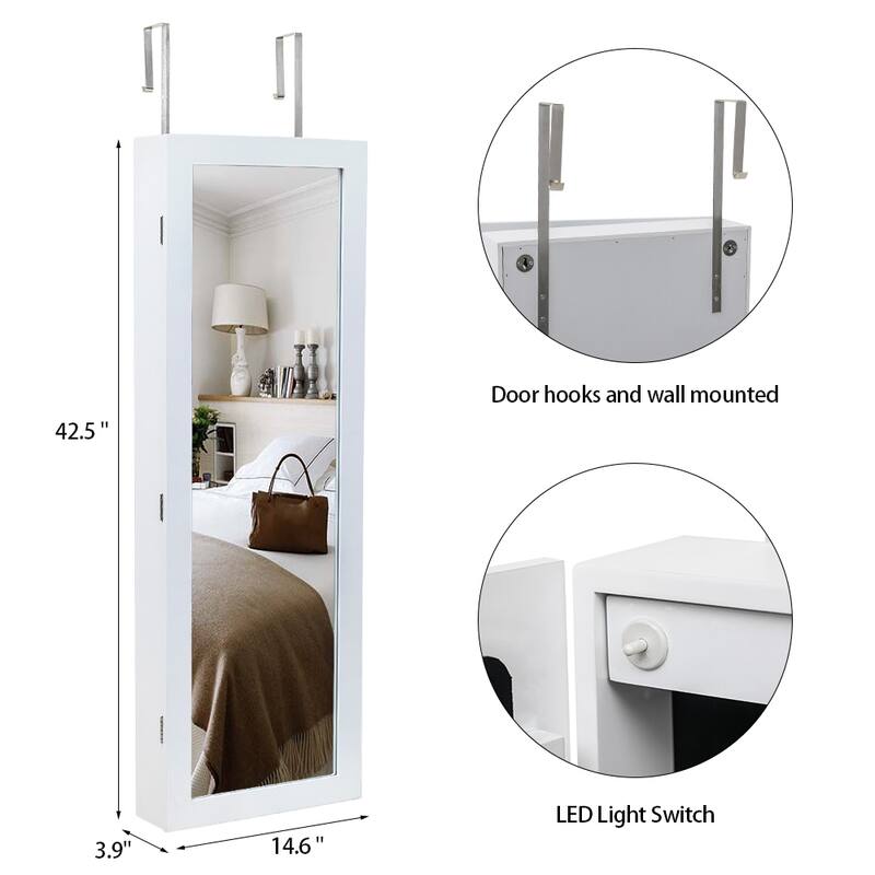 4-Layer Shelf, 2 Drawers, 8 Blue LED Lights, Jewelry Storage Mirror Cabinet