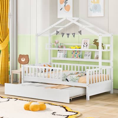 Kids' Twin House Bed with Trundle and Storage Shelves, Fun and Space-Saving Design