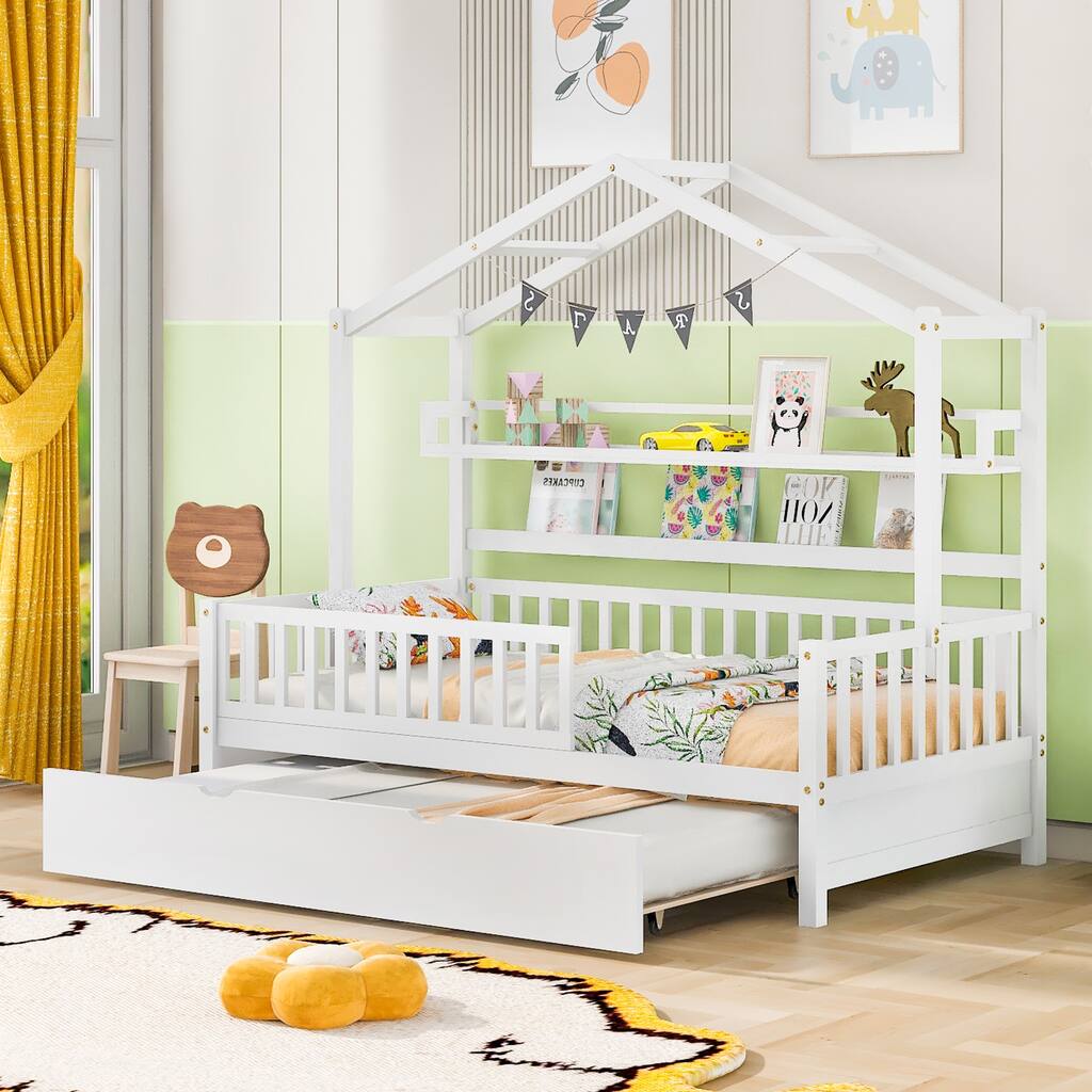 Twin House Bed with Trundle and Storage Shelves, Playful Kids Bed with Roof