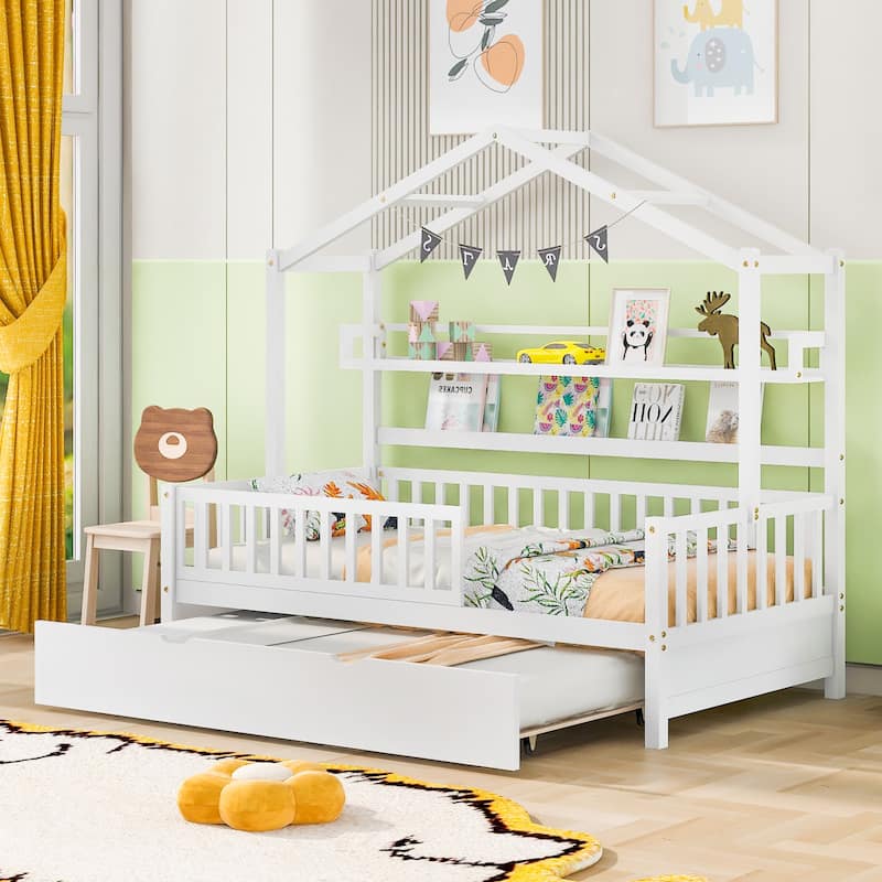 White Wooden House Bed with Twin Trundle and Shelf, Full-Length Guardrail - Twin - White