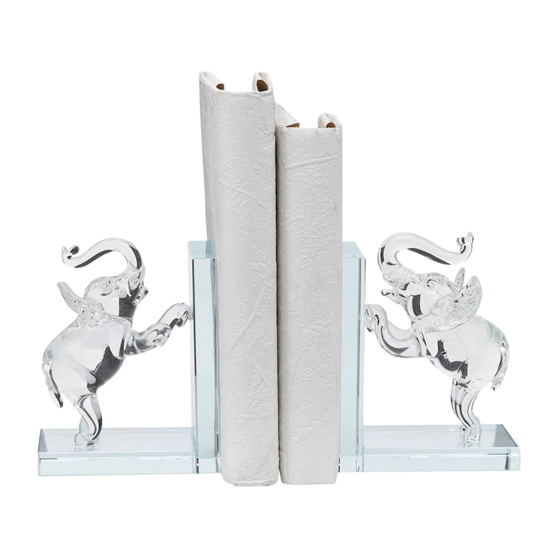 Set of 2 Clear Frosted Elephant Bookends - Contemporary Crystal 5" Standing Elephant Bookends For Home or Office Book