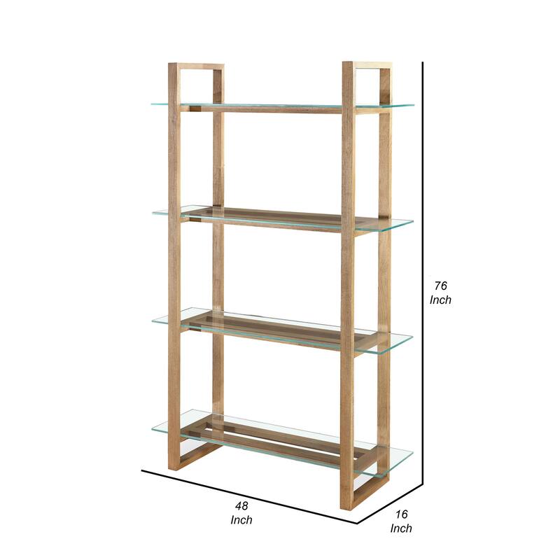 Uvi 76 Inch Bookcase, 4 Floating and Slatted Glass Shelves, Bisque Brown