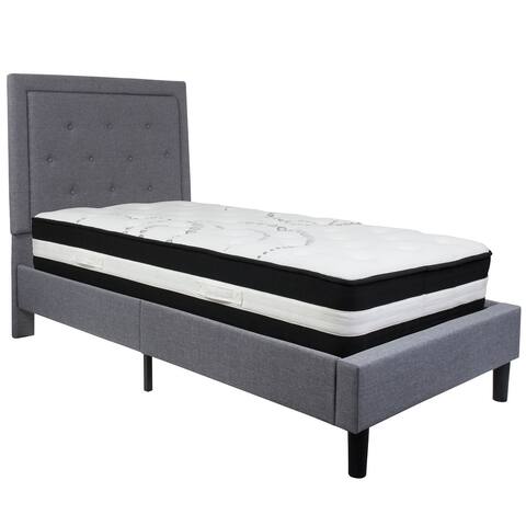 81" Gray and White Button Tufted Upholstered Platform Bed with Pocket Spring Mattress - Twin Size