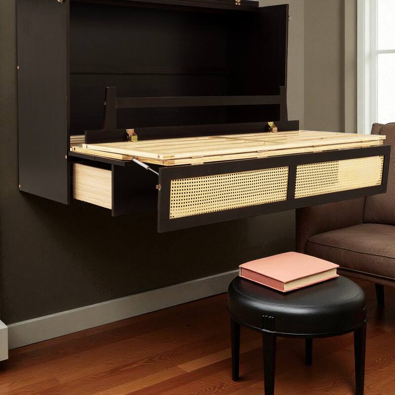 Queen Size Pine Wood Murphy Bed Cabinet with Rattan Front Panel, Foldable Bed with Storage Drawer and Sturdy Platform