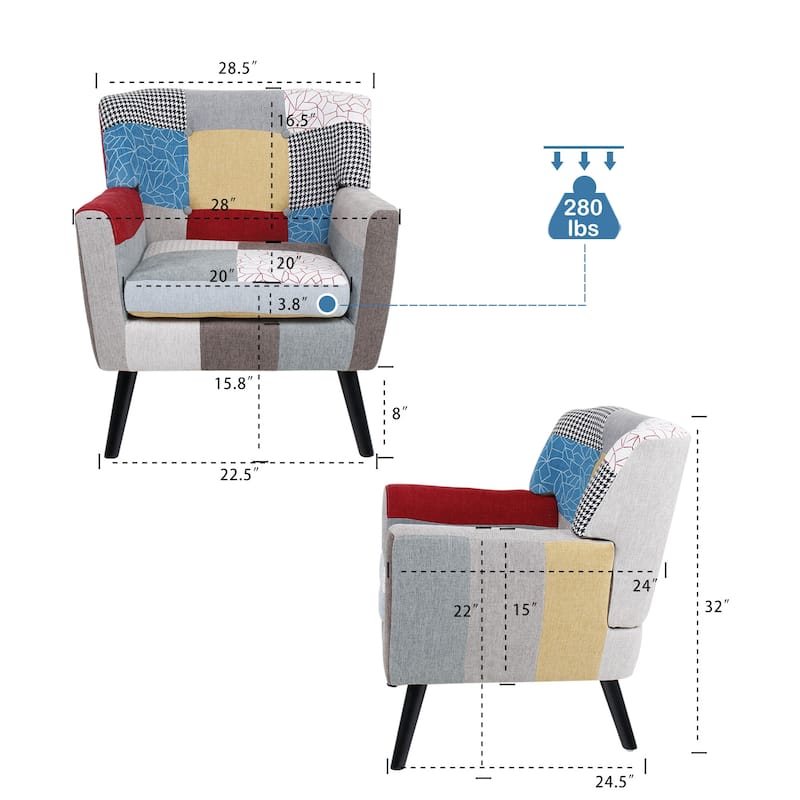 Patchwork Accent Chair, Mid Century Modern Fabric Club Chair for Bedroom Comfy, Colourful Single Sofa Chair for Living Room