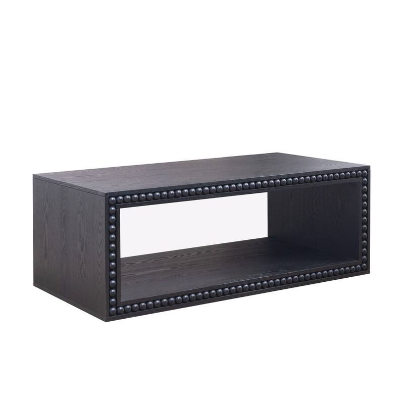 Rustic Beaded Edge Coffee Table - 47.6" Rectangular Center Table with Open Storage Shelf, Natural Finish