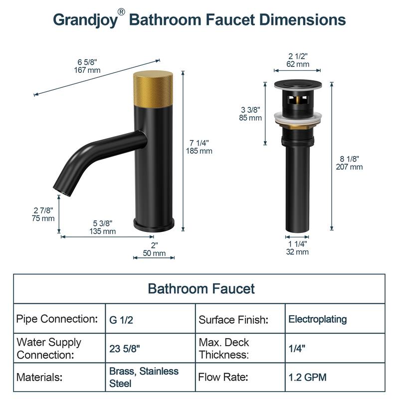 GRANDJOY Low-Arc Single Handle Vessel Sink Faucet with Pop-Up Drain, Compact Bathroom Design