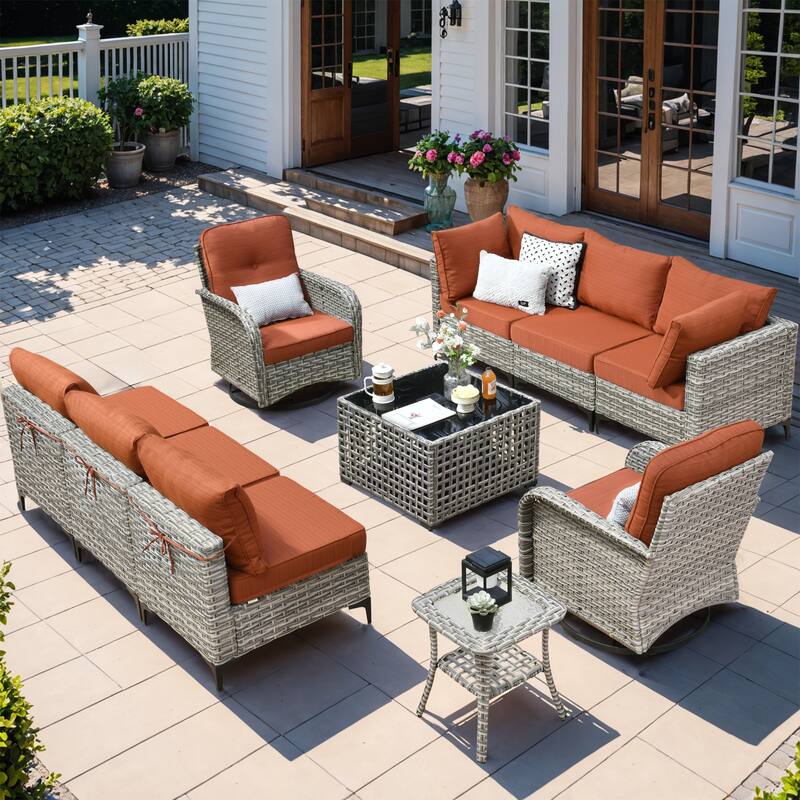 HOOOWOOO 10-piece Outdoor Furniture Wicker Swivel Rocking Chair Set - Red/Orange