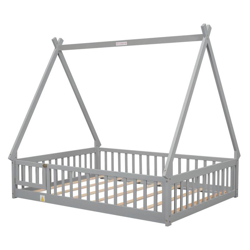 Tent-shaped Full Size Floor Bed with Guardrails, Slats, Door, for Kids