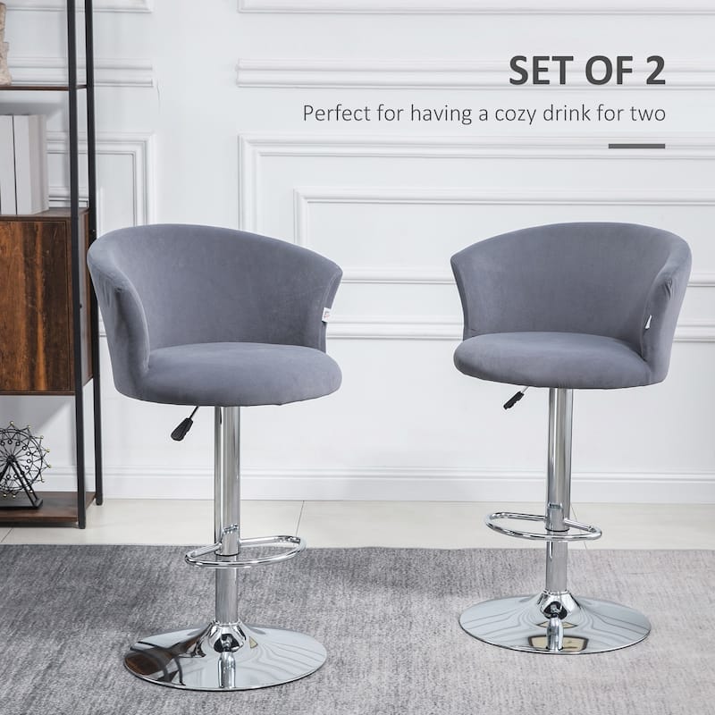 HOMCOM Adjustable Bar Stools Set of 2, Velvet Kitchen Stool, Upholstered Counter Height Barstool with Swivel Seat